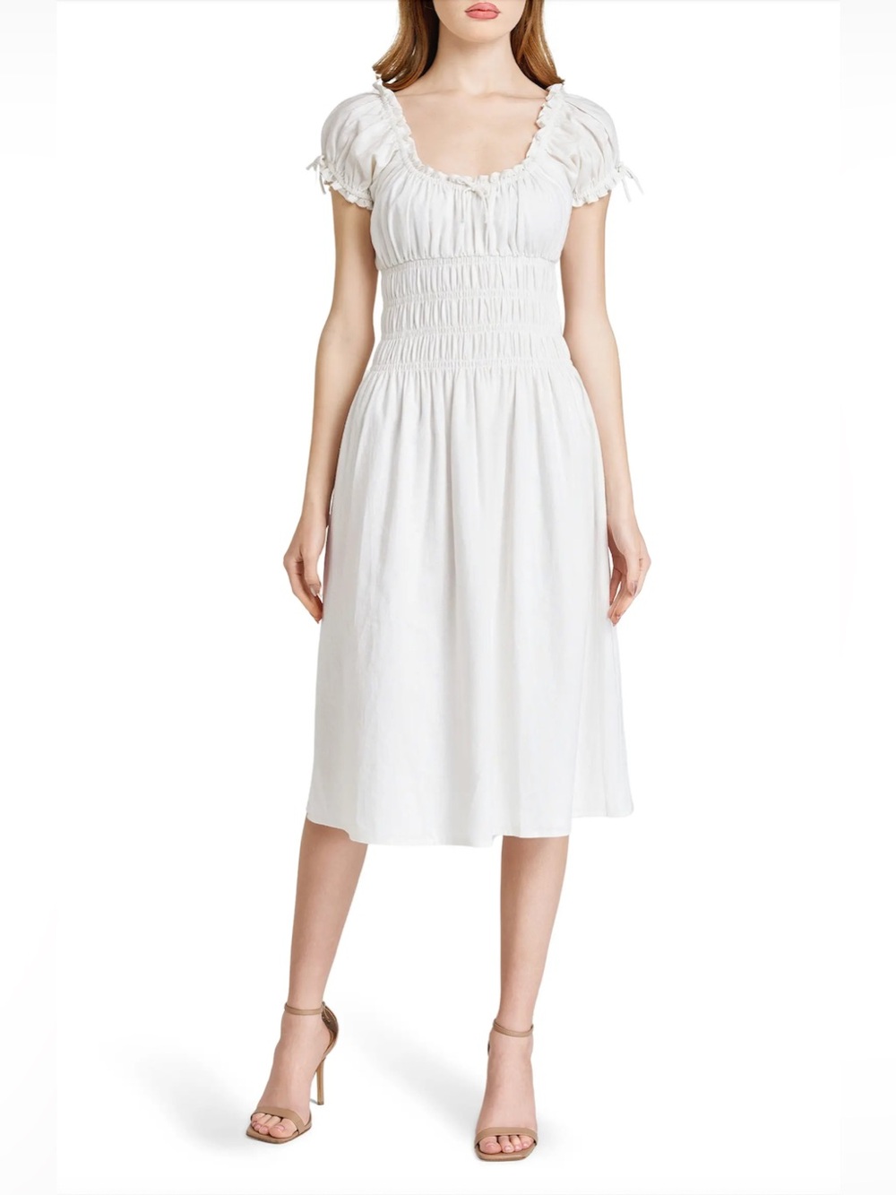 WAYF Adelina Shirred Linen Blend Midi Dress (L)